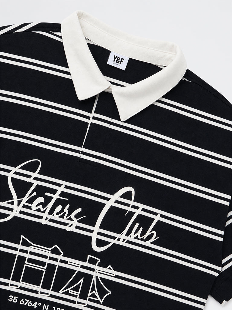 Boys Black Striped Cotton Polo T-Shirt
