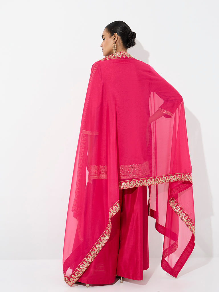 Vark Pink Botanical Embroidered Straight Kurta and Flared Palazzos Set