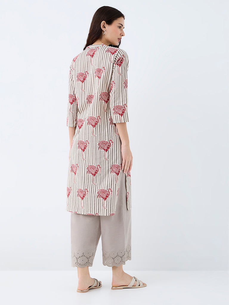 Utsa Off-White Bird Printed Cotton Straight Kurta