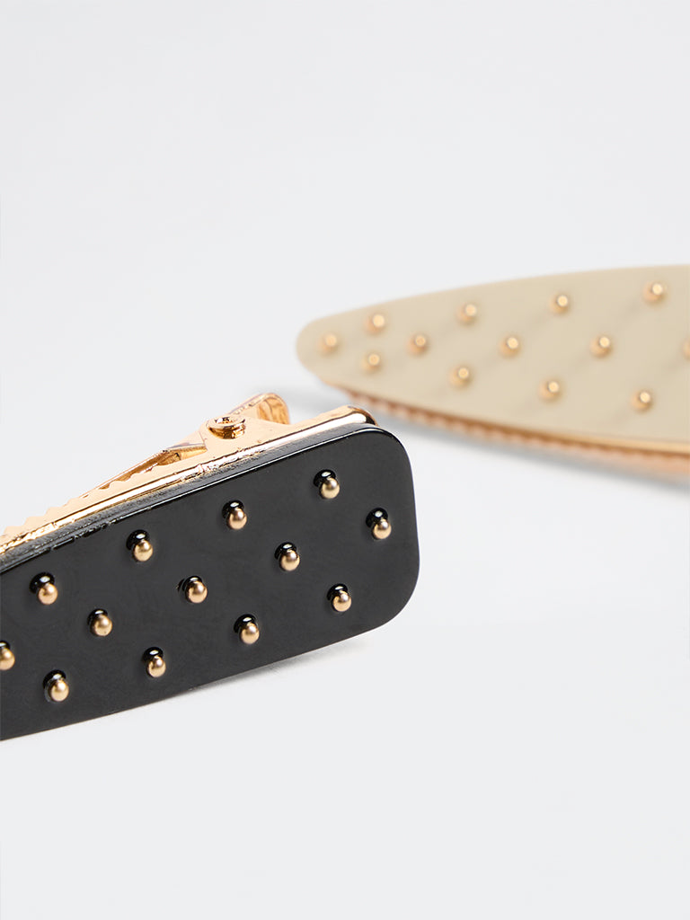 Westside Accessories Black and Off-White Studded Hair Clips - Pack of 2