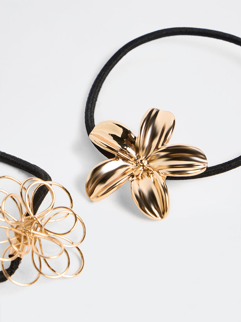 Westside Accessories Gold Floral-Detail Scrunchies - Pack of 2