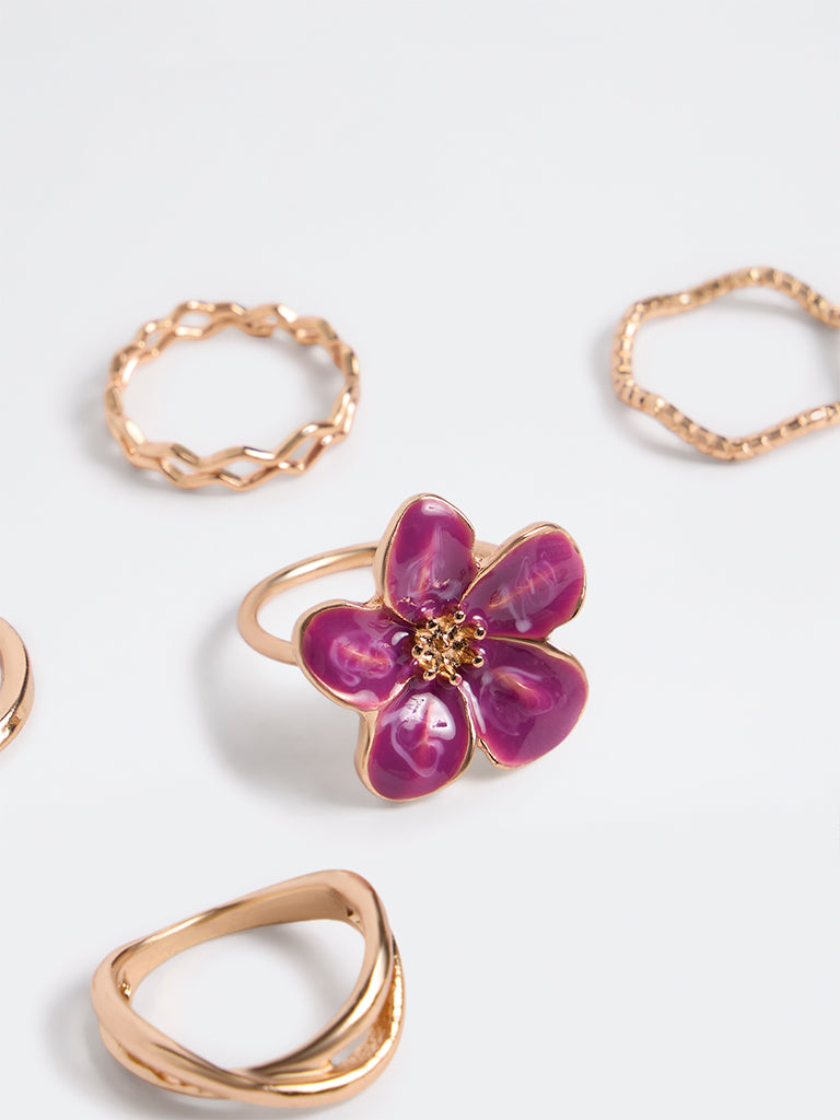 Westside Accessories Gold and Pink Floral Multi-Design Stackable Rings - Pack of 6
