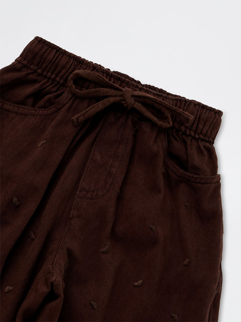 HOP Kids Girls Brown Heart Embroidered High-Rise Relaxed-Fit Jeans