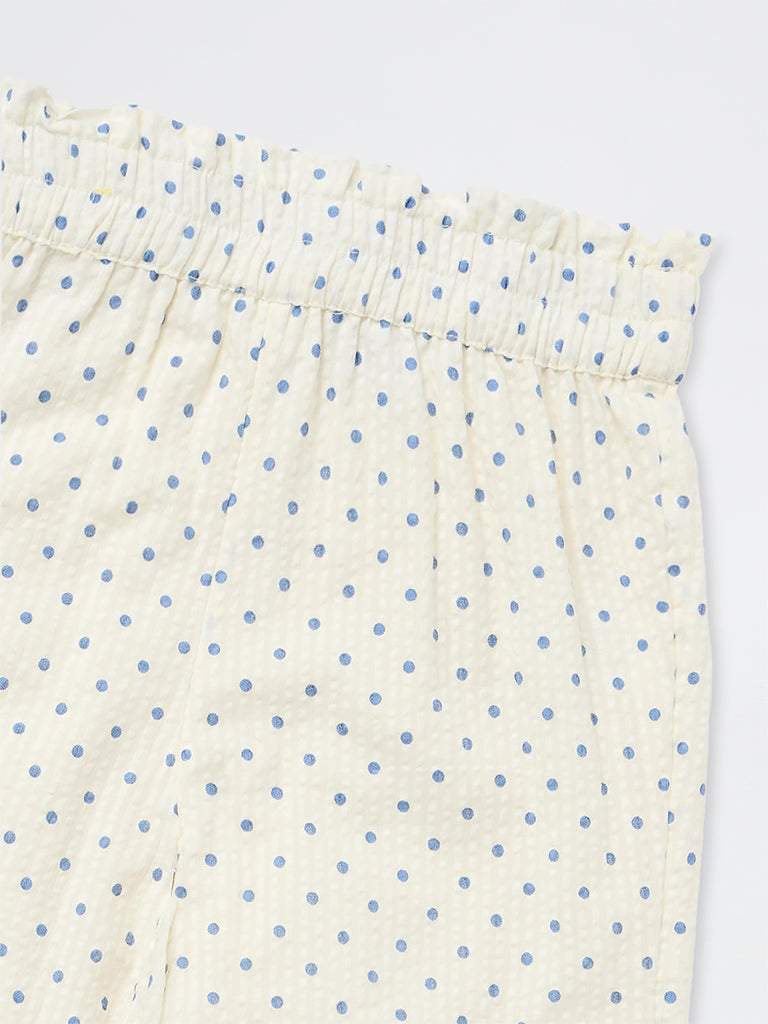 HOP Kids Girls White Polka Dot Printed High-Rise Cotton Pants