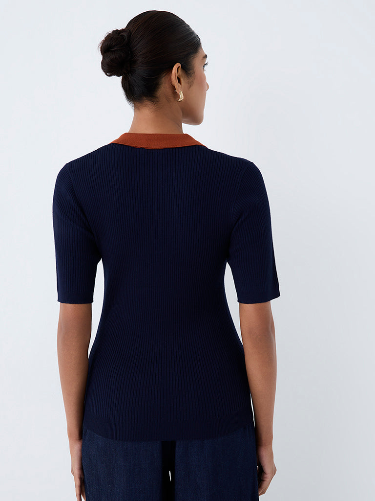 Wardrobe Navy Ribbed-Textured T-Shirt