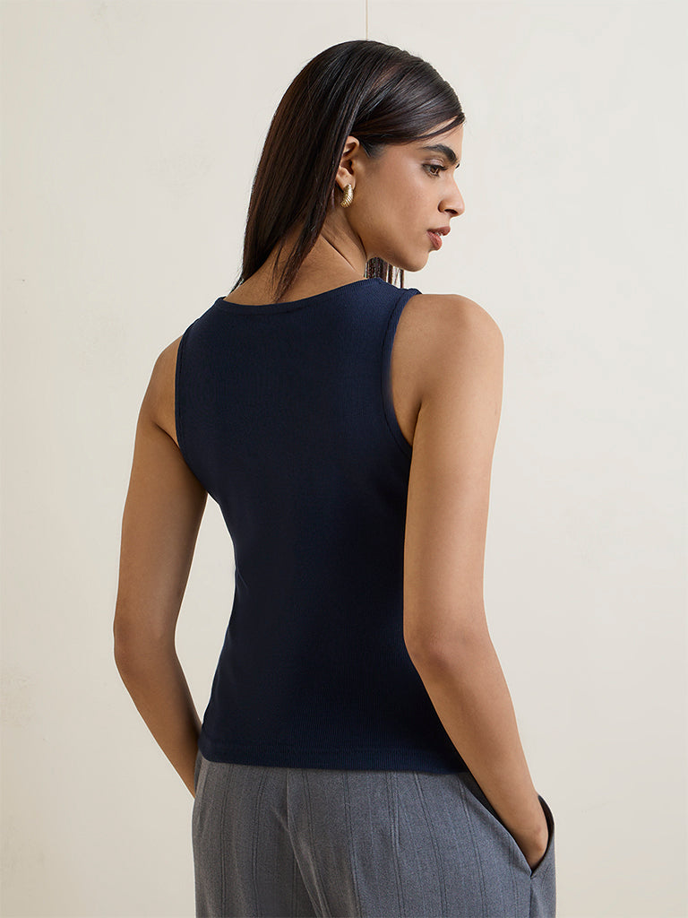 Wardrobe Navy Ribbed Cotton-Blend Top