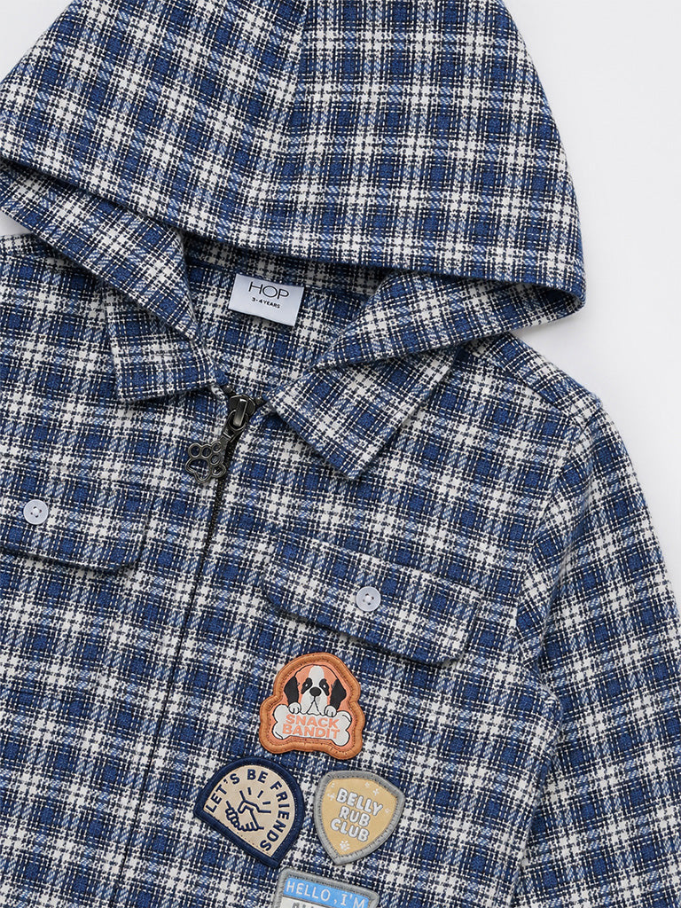 HOP Kids Boys Navy Checks Printed Cotton Hooded Shirt