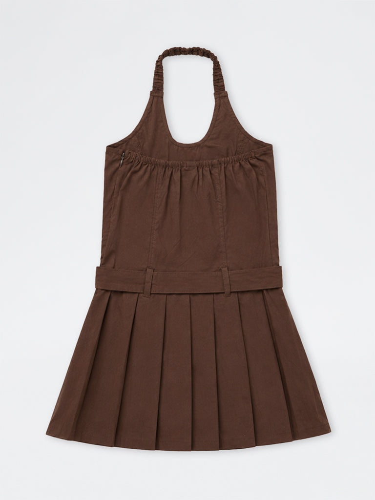 Girls Brown Box-Pleated Cotton A-Line Dress with Belt