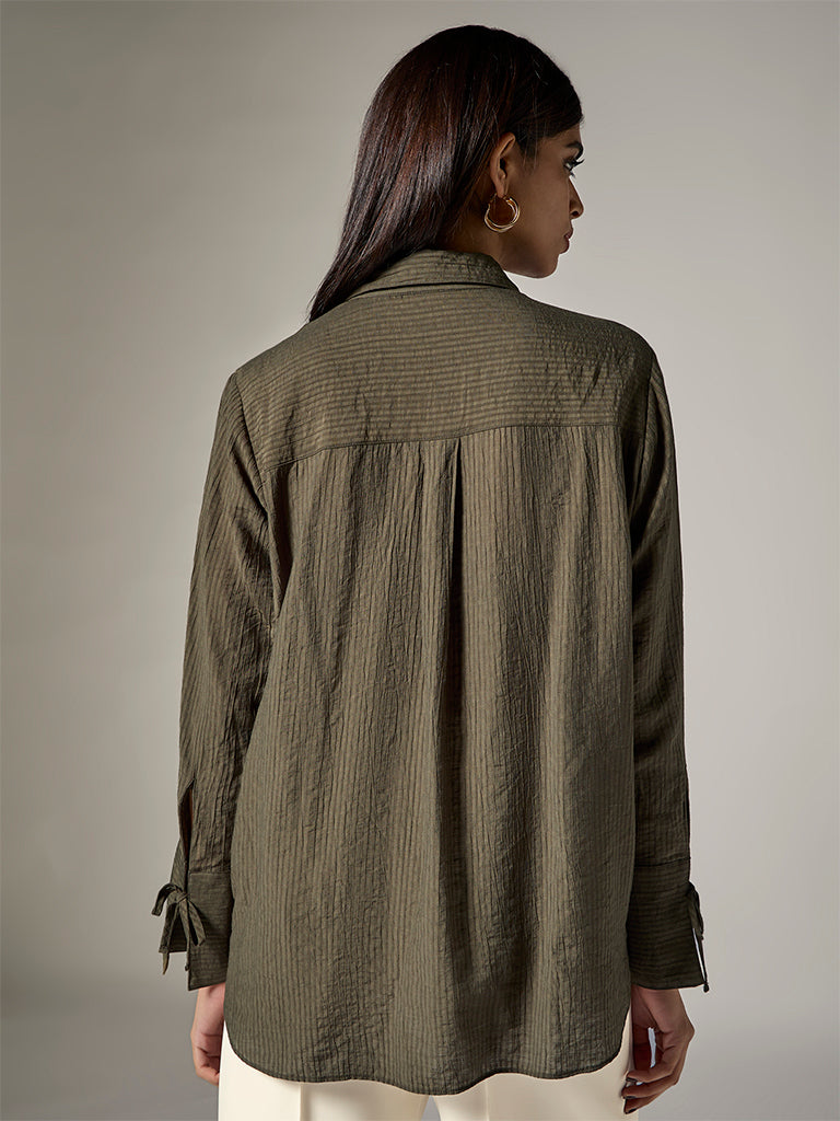 Wardrobe Dark Olive Self-Striped Shirt