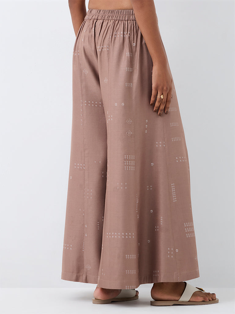 Zuba Taupe Bandhani Printed Cotton-Blend Pants