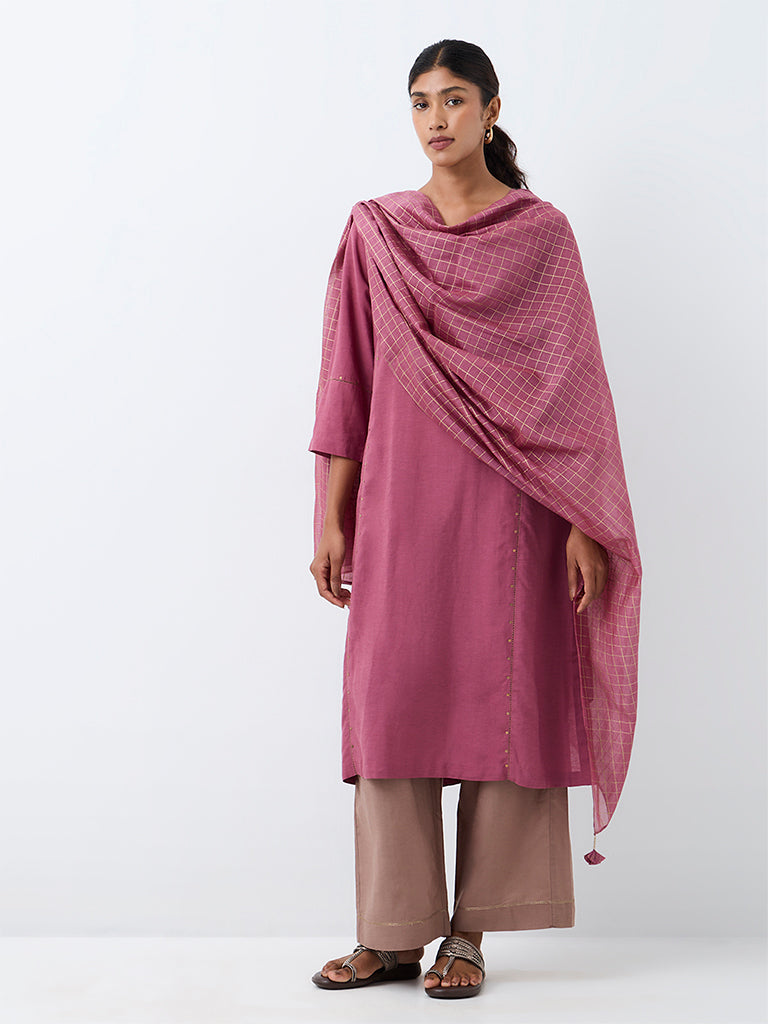 Zuba Mauve Checkered Cotton-Blend Dupatta