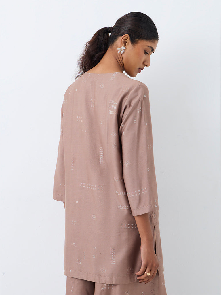 Zuba Taupe Bandhani Printed Cotton-Blend Tunic