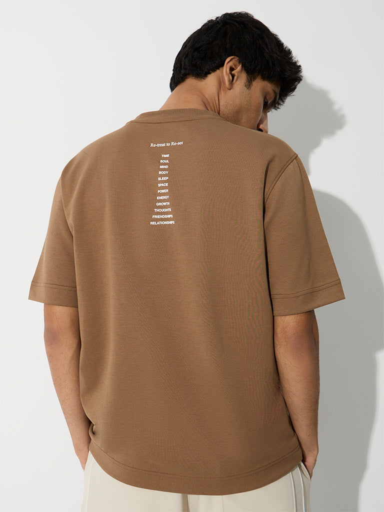 Nuoflexx Light Brown Text-Design Relaxed-Fit Cotton-Blend T-Shirt