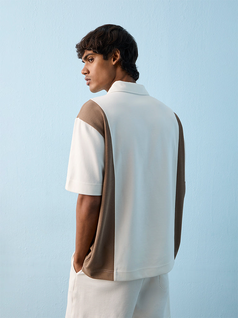 Nuoflexx Off-White Colour-Blocked Relaxed-Fit Cotton-Blend Polo T-Shirt