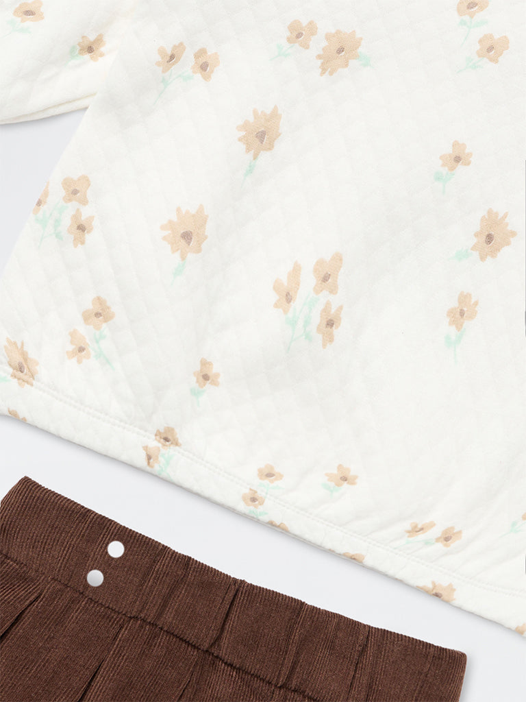 HOP Baby Girls White Floral Cotton Top and Skort Set