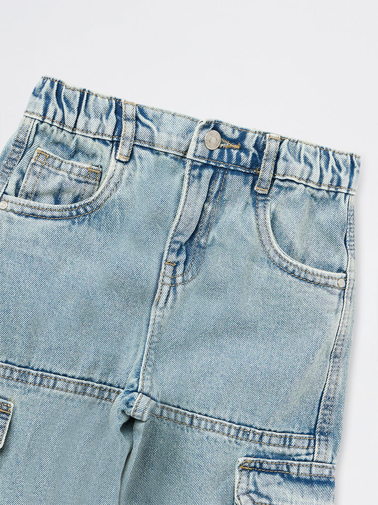 HOP Kids Boys Blue Washed Patch-Detail Cargo Jeans
