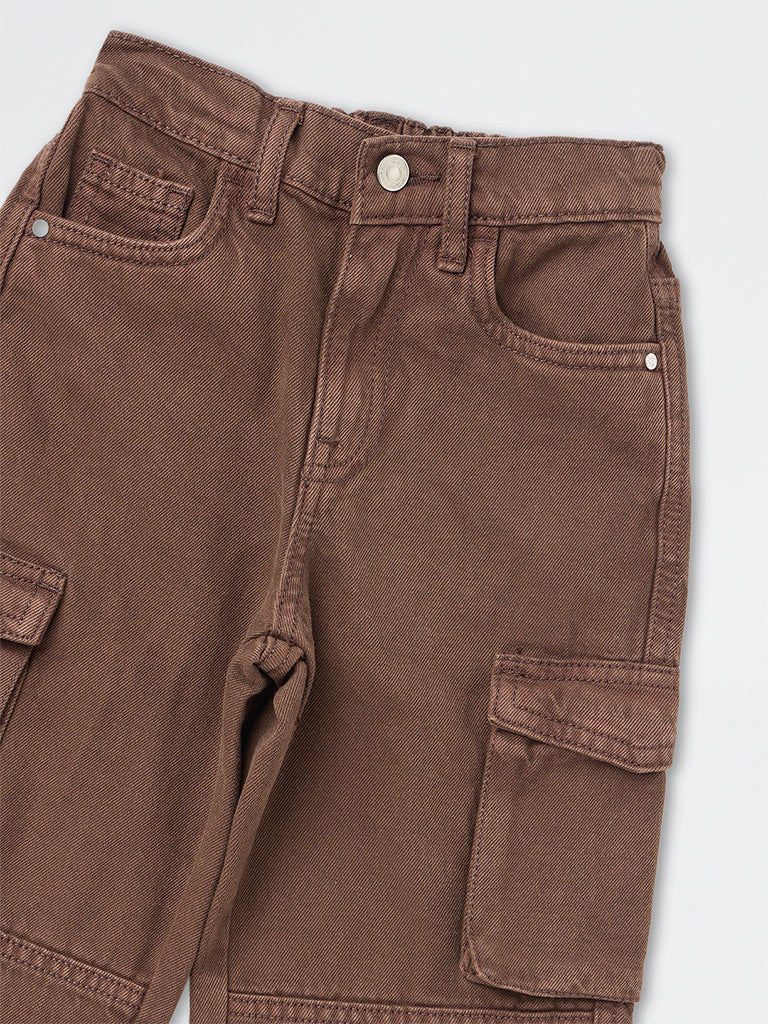 HOP Kids Boys Dark Brown Relaxed-Fit Mid-Rise Cargo Jeans