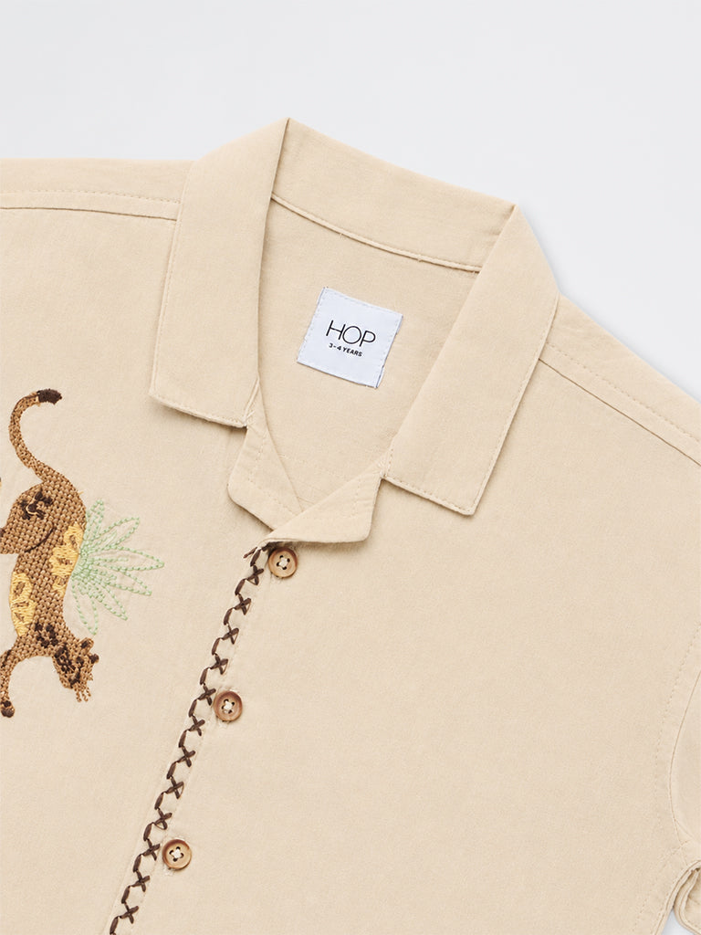 HOP Kids Boys Beige Animal Embroidered Cotton Shirt