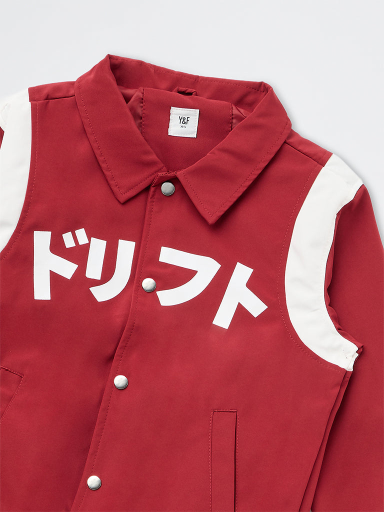 Boys Red Japanese Text Printed Jacket