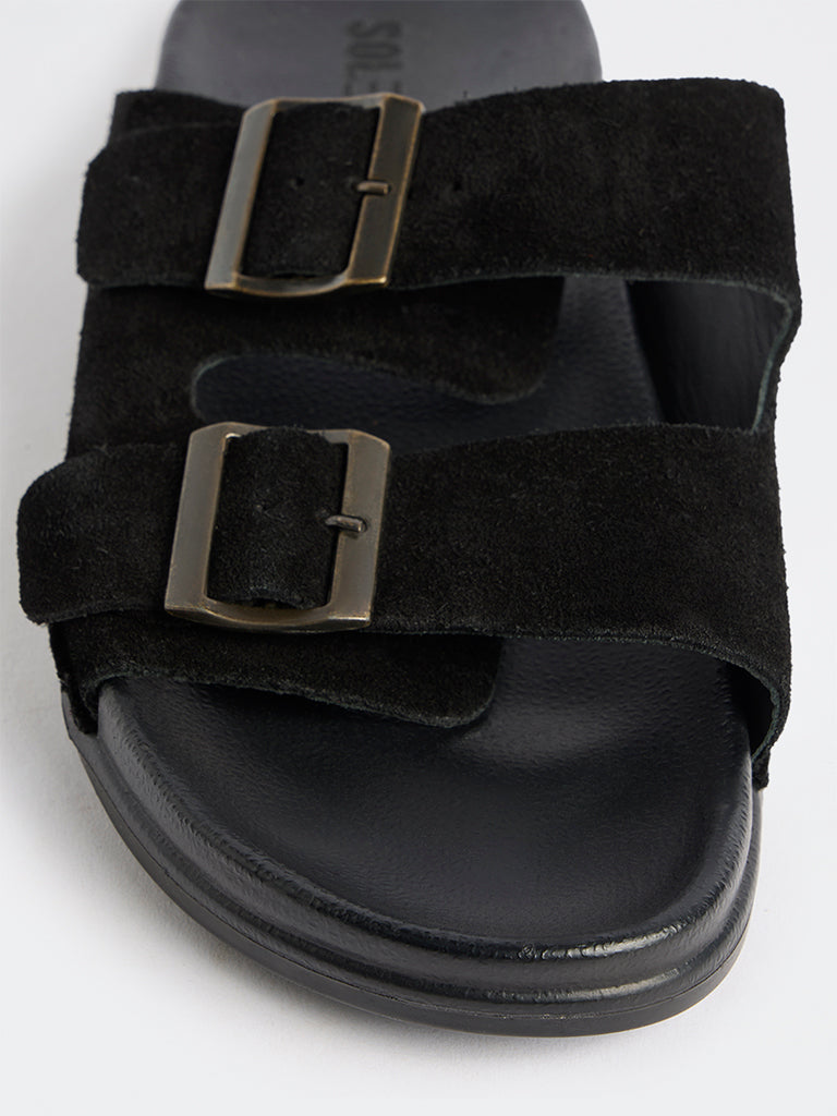 SOLEPLAY Black Dual-Strap Suede Slip-On Slides