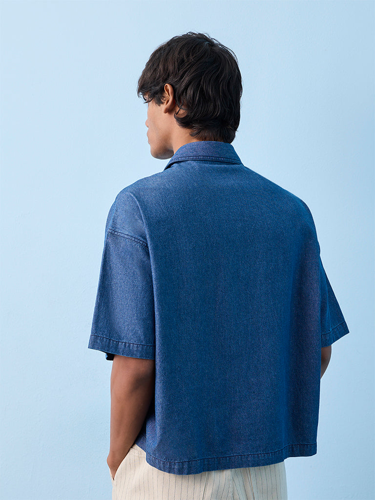 Nuon Blue Text Embroidered Relaxed-Fit Denim Shirt