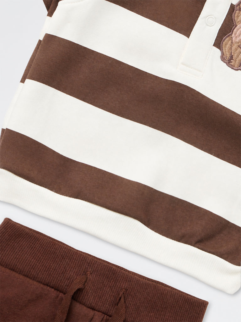 HOP Baby Boys Dark Brown Striped Cotton-Blend Sweatshirt and Pants Set