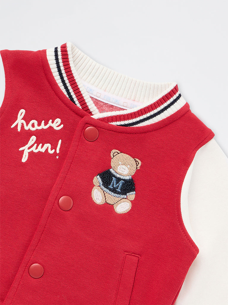 HOP Baby Boys Red Teddy-Embroidered Cotton-Blend Varsity Jacket