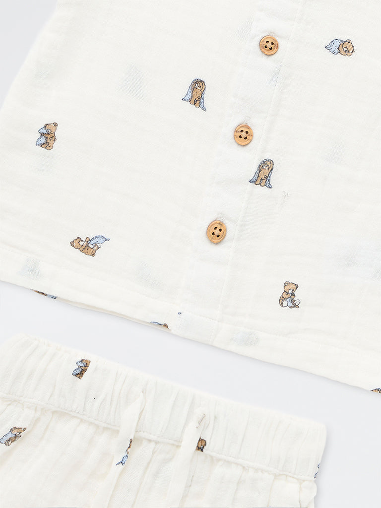 HOP Baby Boys White Teddy Printed Cotton Shirt and Shorts Set