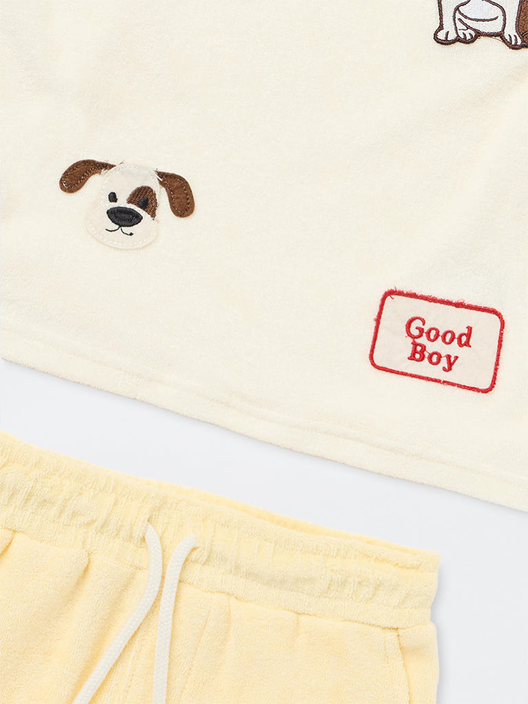 HOP Kids Boys Yellow Patch-Detail Cotton T-Shirt and Shorts Set