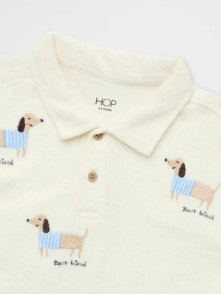 HOP Kids Boys Off-White Dog Embroidered Cotton Polo T-Shirt