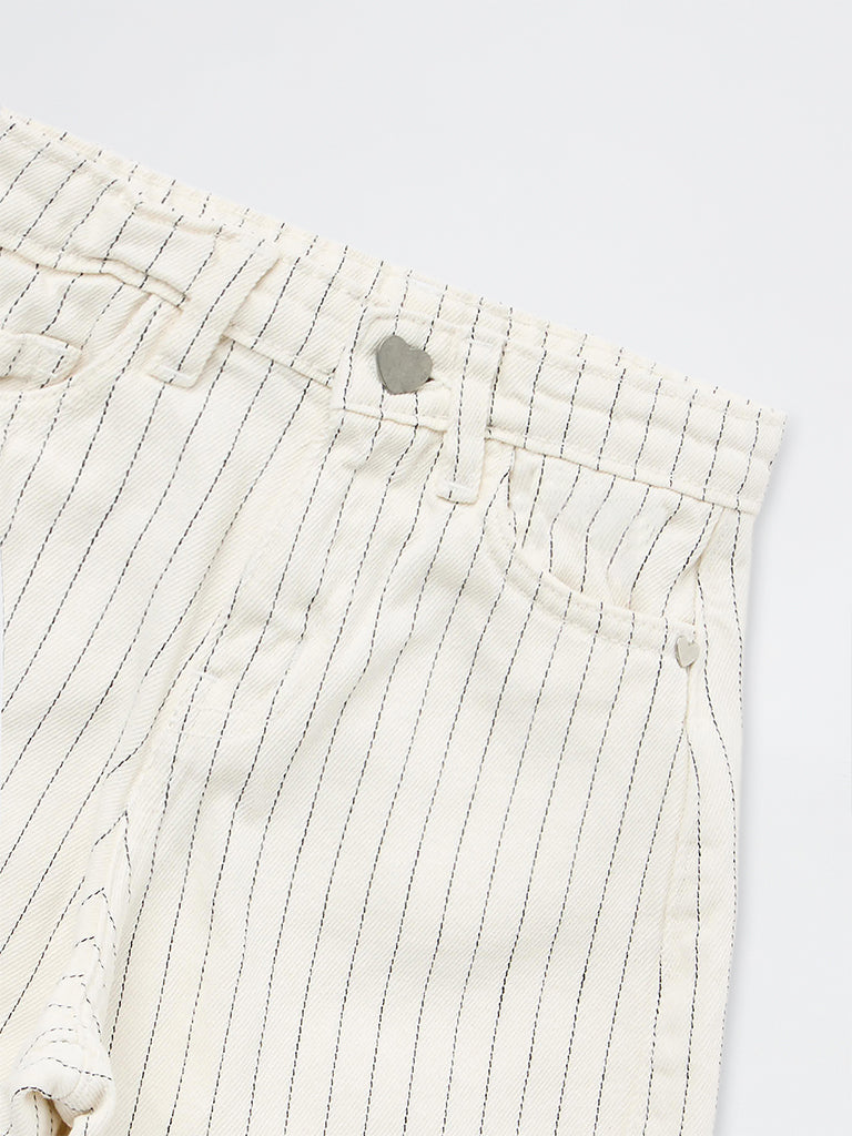 HOP Kids Girls Off-White Striped Wide-Leg High-Rise Jeans