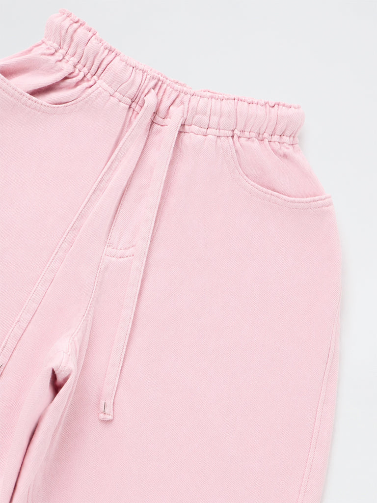 HOP Kids Girls Light Pink Solid High-Waist Relaxed-Fit Jeans