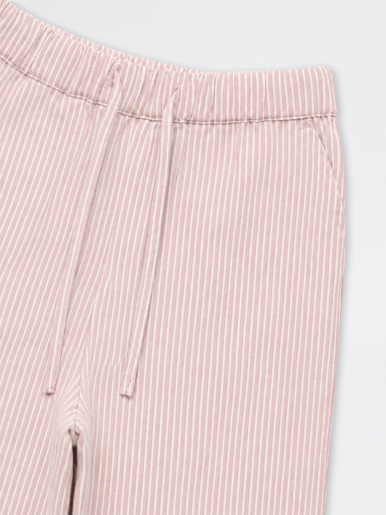 HOP Kids Girls Light Pink Striped High-Rise Cotton Trousers
