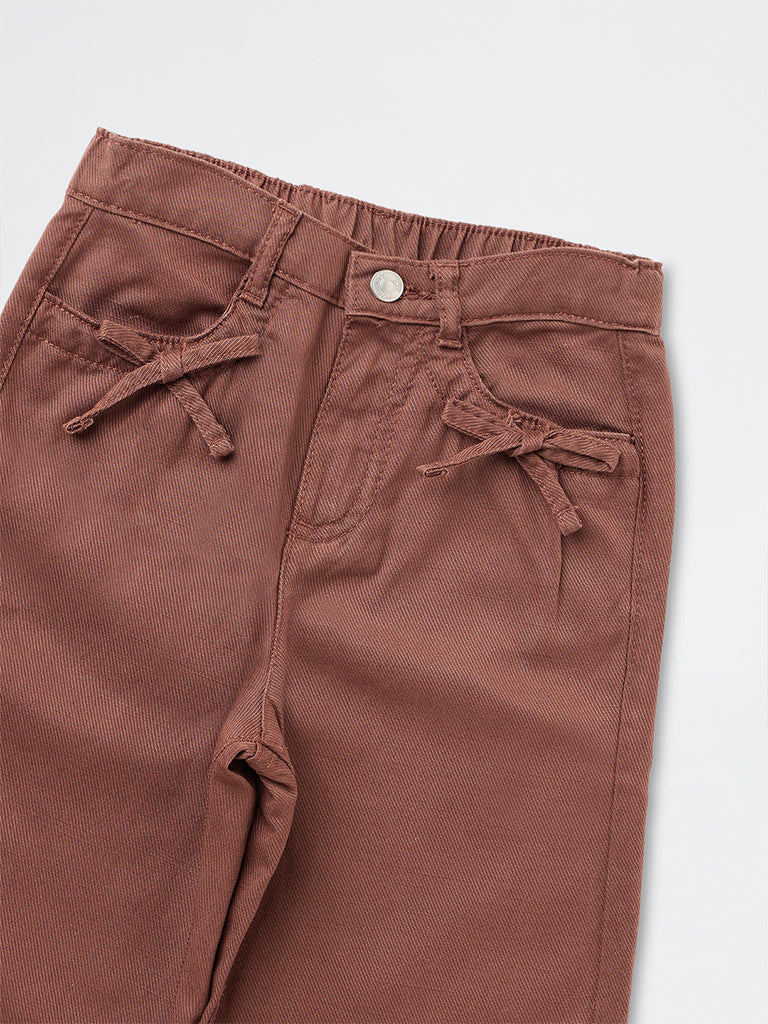 HOP Kids Girls Brown Scalloped-Detail High-Rise Trousers
