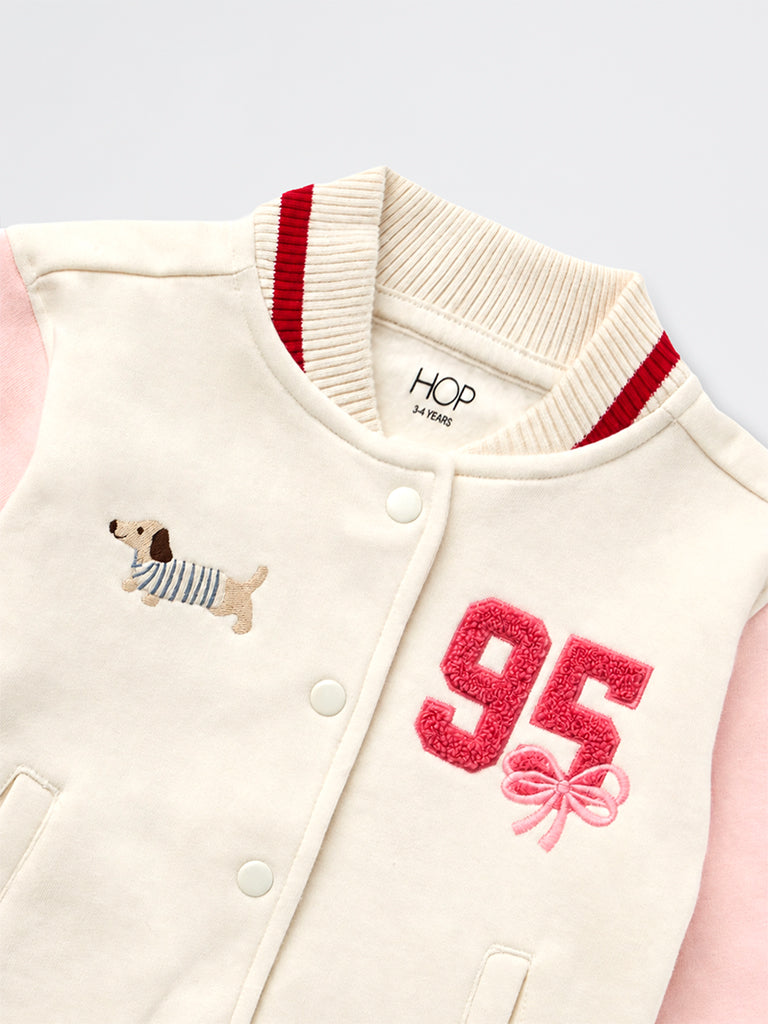 HOP Kids Girls Off-White Text Embroidered Cotton-Blend Varsity Jacket