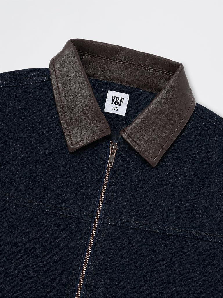 Girls Dark Blue Zip-Front Denim Jacket