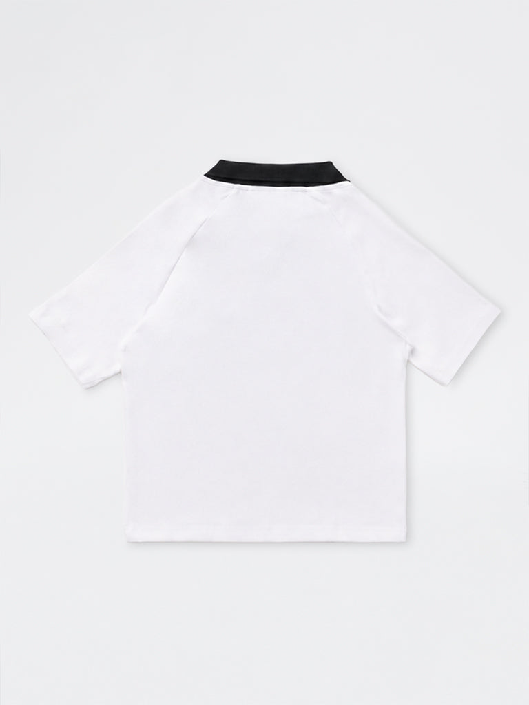 Girls White Text Embroidered Cotton T-Shirt