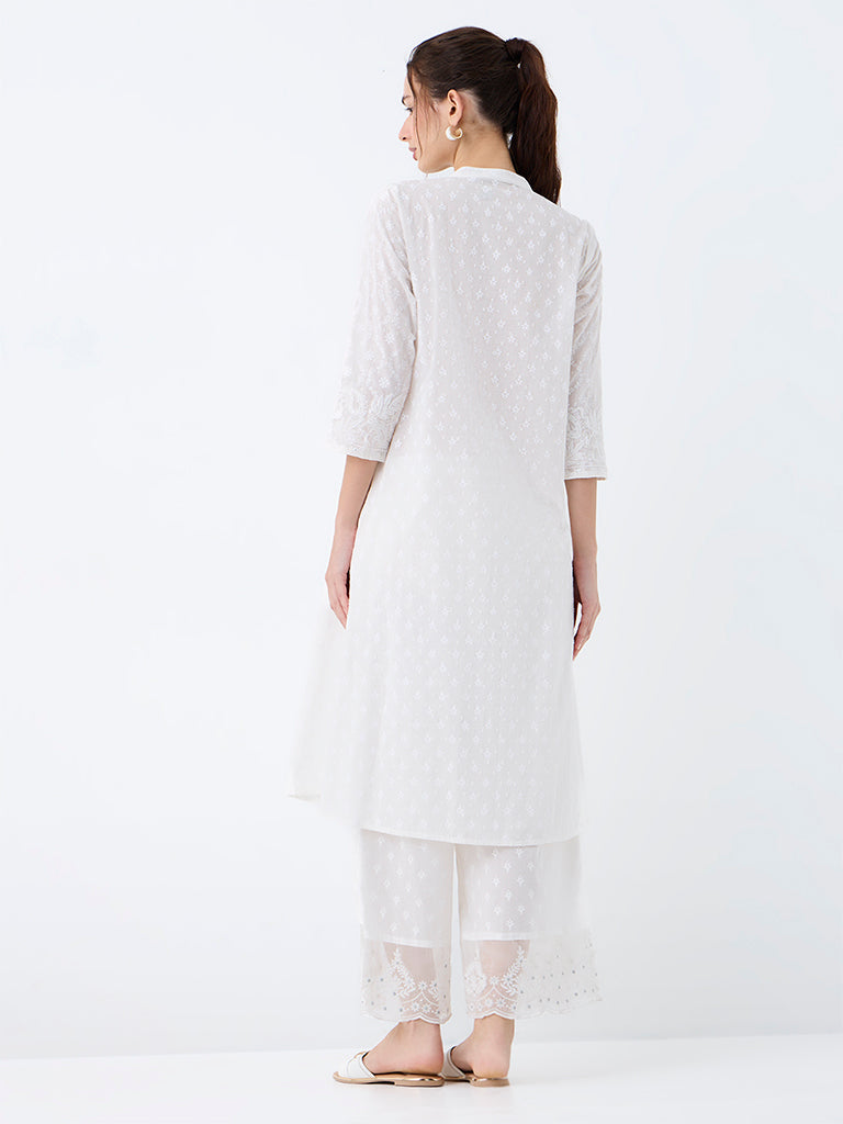 Utsa White Floral Printed Cotton Empire-Line Kurta