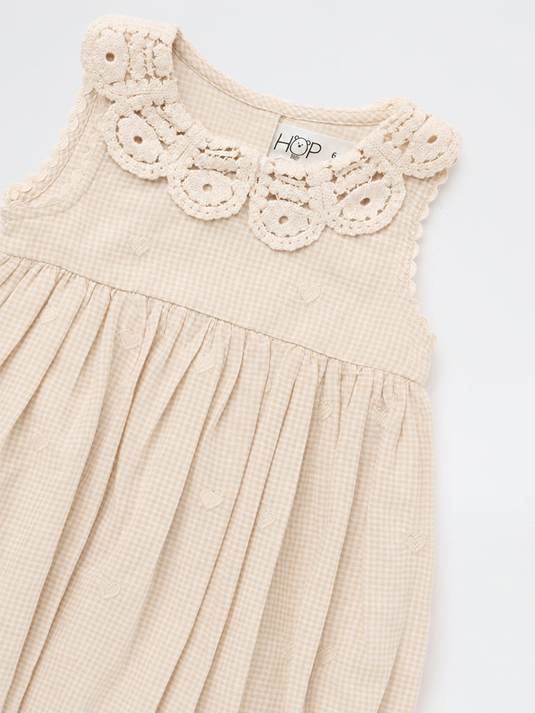 HOP Baby Girls Beige Checkered Cotton-Blend Bubble Dress