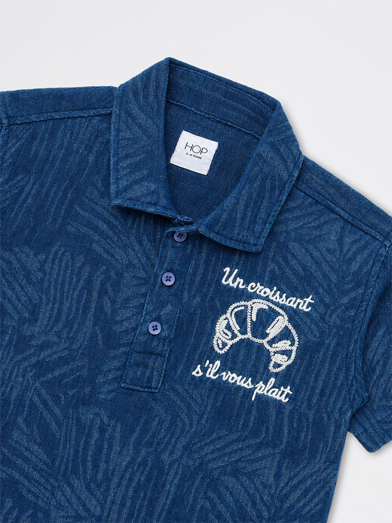 HOP Kids Boys Indigo Abstract Pattern Cotton Polo T-Shirt