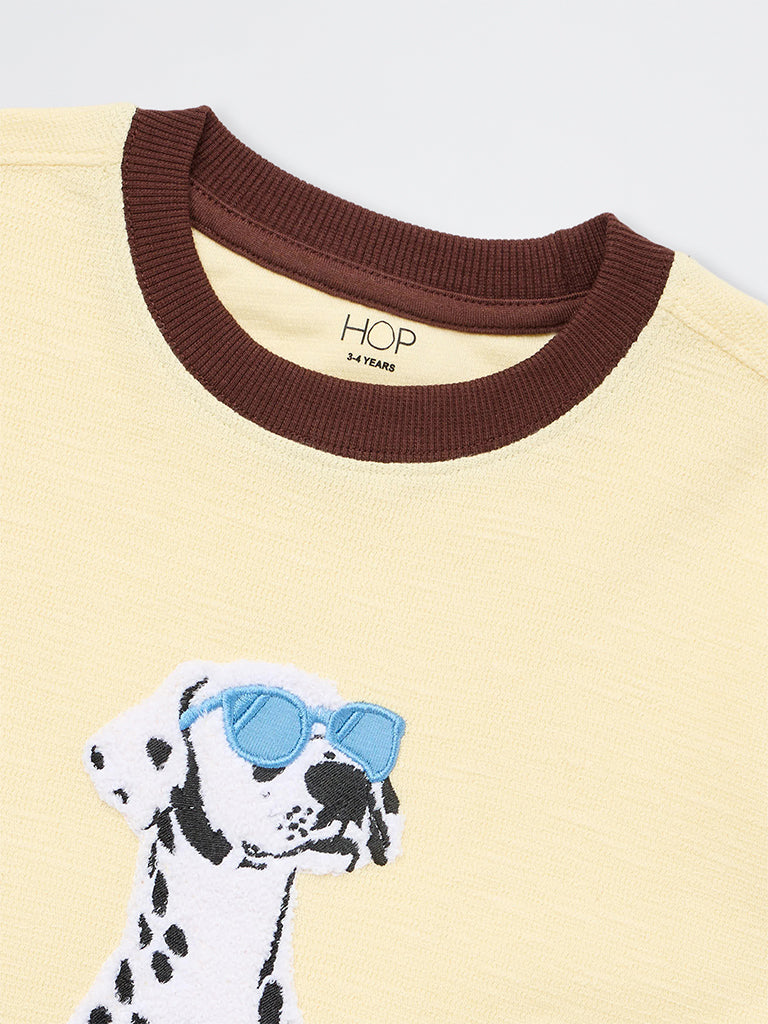 HOP Kids Boys Yellow Dog Embroidered Cotton T-Shirt