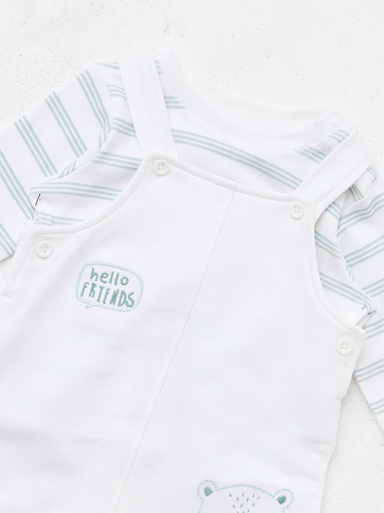 HOP Baby Boys White Animal Embroidered Cotton Dungaree with T-Shirt Set
