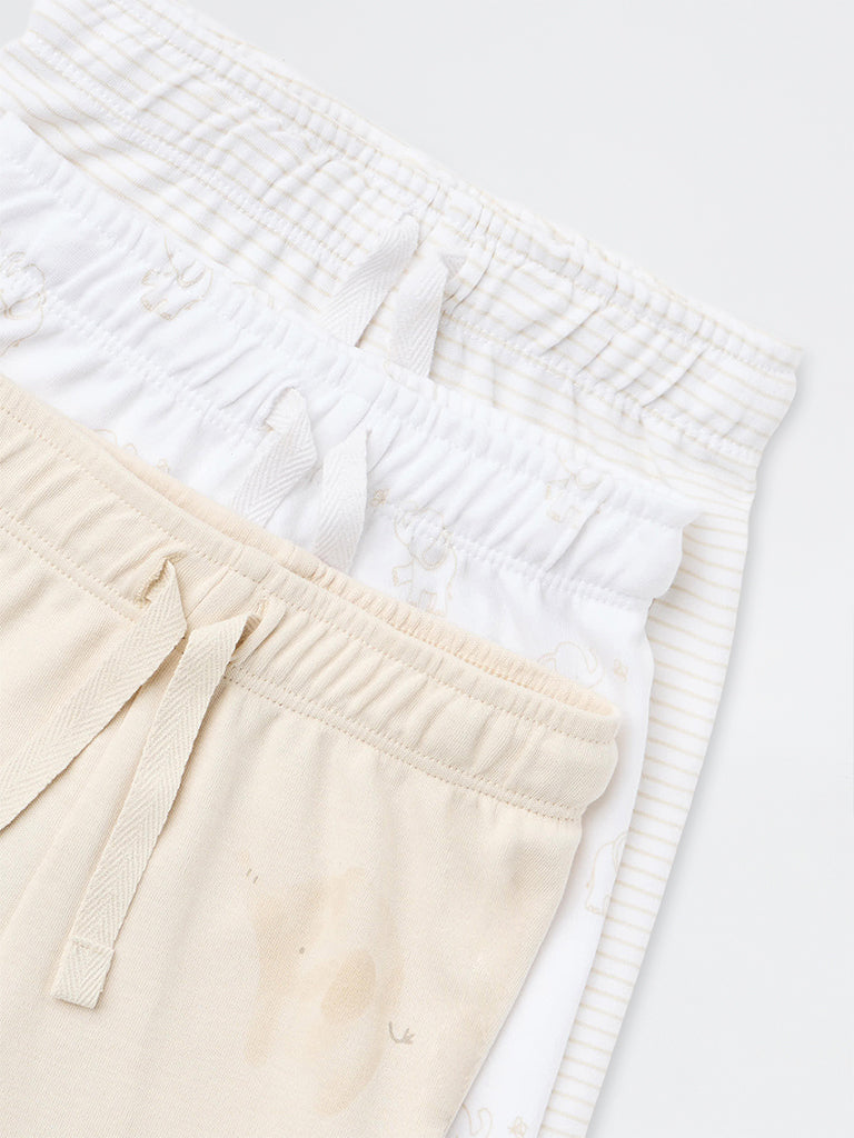 HOP Baby Boys Beige Animal Pattern Mid-Rise Cotton Pants - Pack of 3