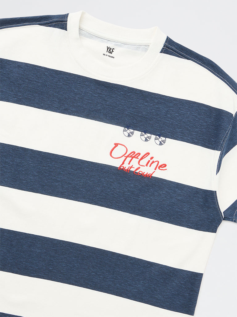 Boys Navy Striped Cotton T-Shirt