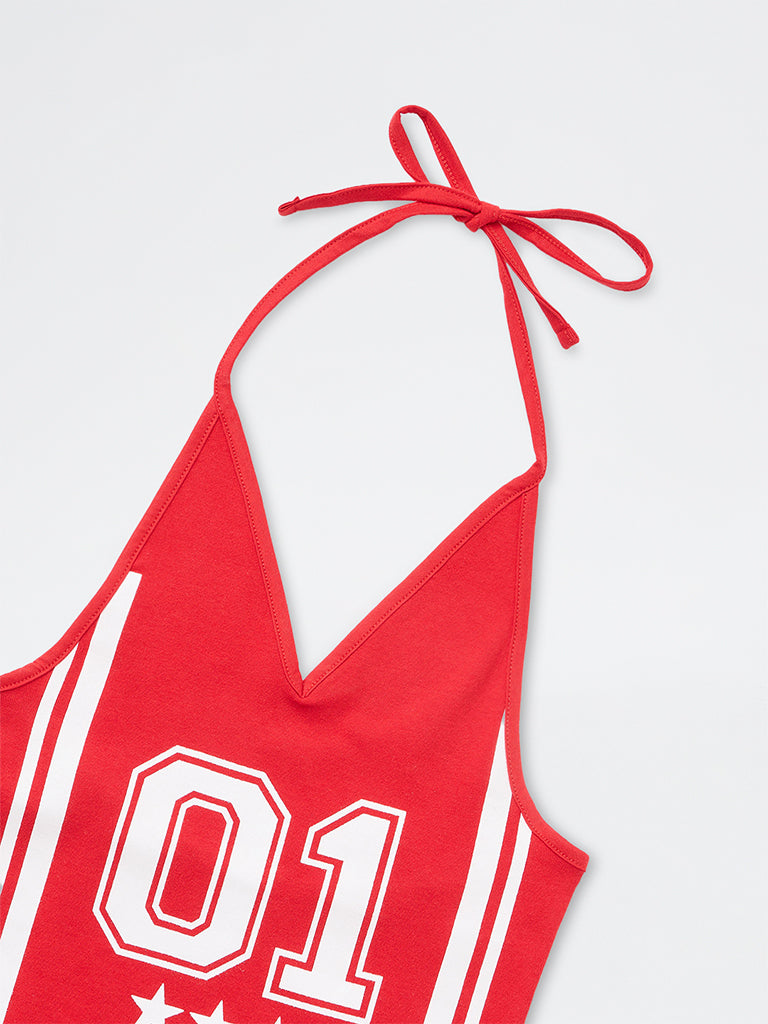 Girls Red Numerical Printed Cotton-Blend Top