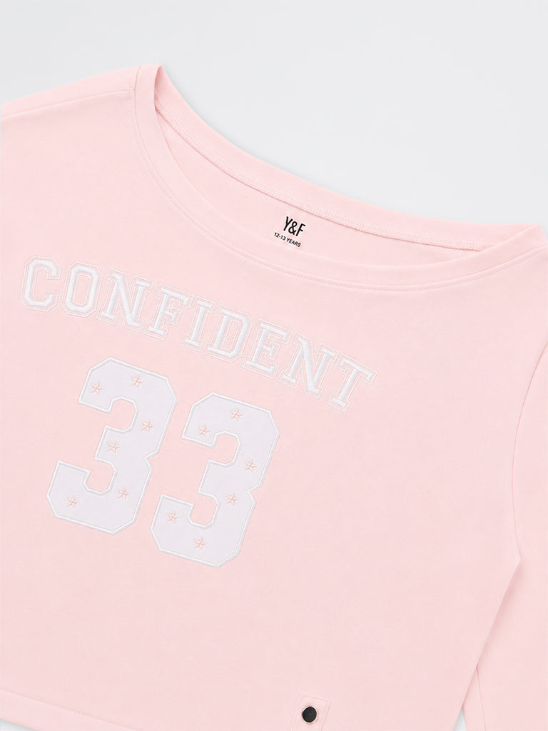 Girls Light Pink Embroidered One-Shoulder Cotton T-Shirt