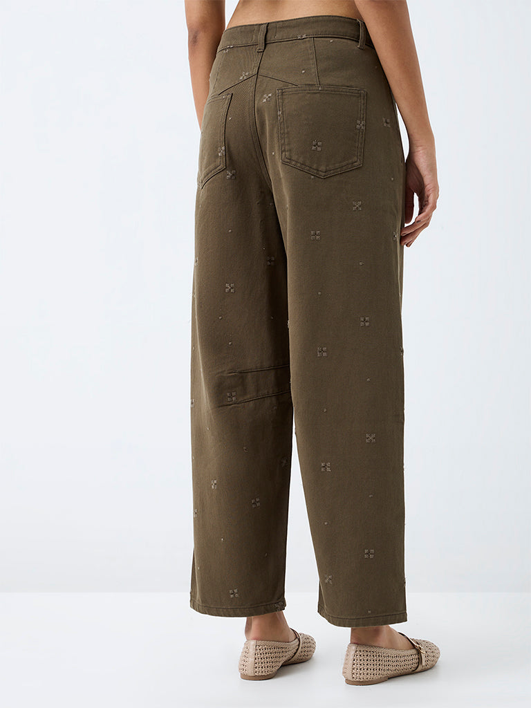 Bombay Paisley Olive Embroidered Barrel-Fit High-Rise Jeans