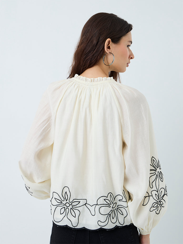 LOV Off-White Floral Embroidered Blouse