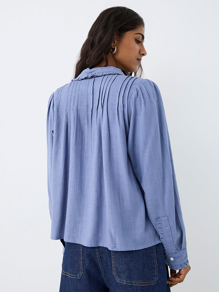 LOV Dusty Blue Pintuck-Detail Shirt