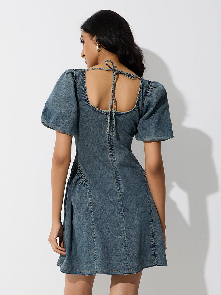 LOV Blue Washed Denim A-Line Dress